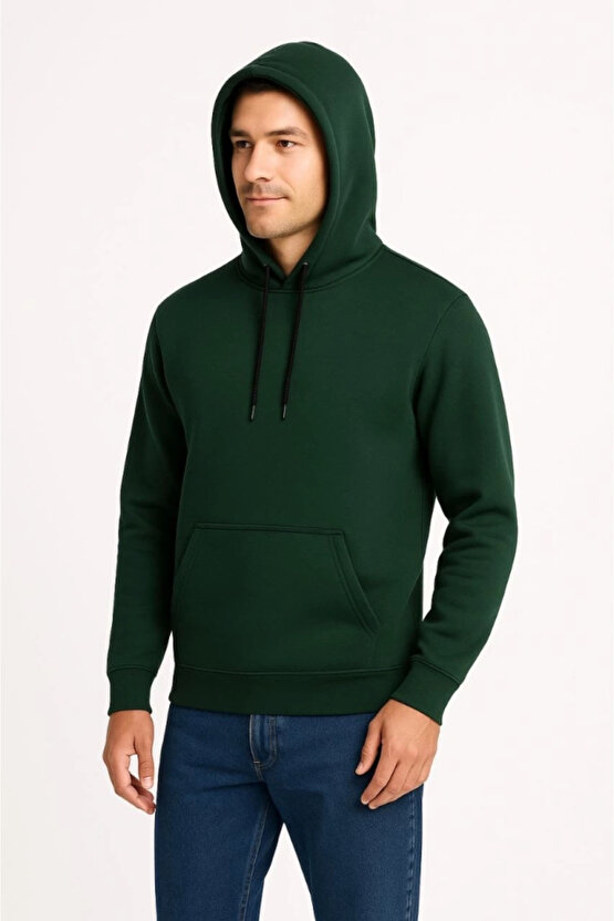 Erkek Üç İplik Kapüşonlu Kanguru Cepli SweatShirt Hoodie - Haki