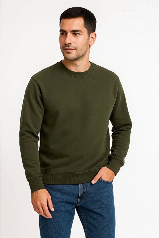 Erkek Üç İplik Düz Bisiklet Yaka SweatShirt - Haki