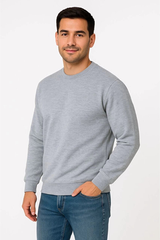 Erkek Üç İplik Düz Bisiklet Yaka SweatShirt - Gri