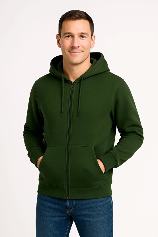 Erkek Üç İplik Kapüşonlu Tam Fermuarlı Kanguru Çepli SweatShirt Hoodie - Haki
