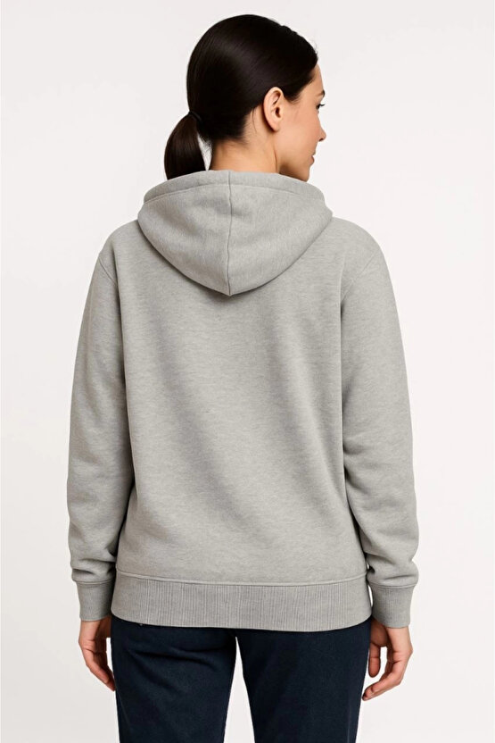 Üç İplik Kapüşonlu Tam Fermuarlı Kanguru Çepli SweatShirt Hoodie - Gri