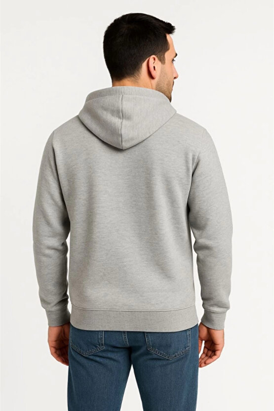Erkek Üç İplik Kapüşonlu Tam Fermuarlı Kanguru Çepli SweatShirt Hoodie - Gri