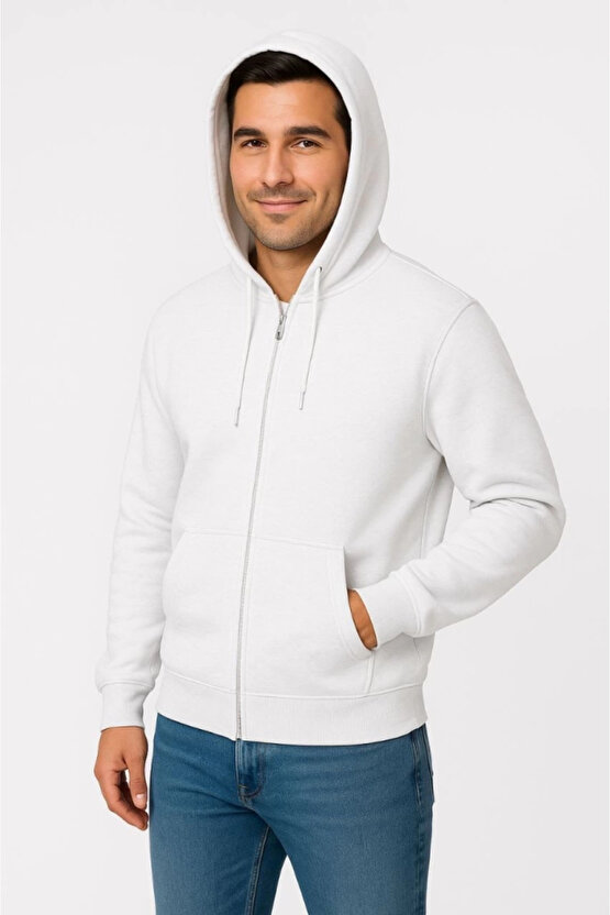 Erkek Üç İplik Kapüşonlu Tam Fermuarlı Kanguru Çepli SweatShirt Hoodie - Beyaz