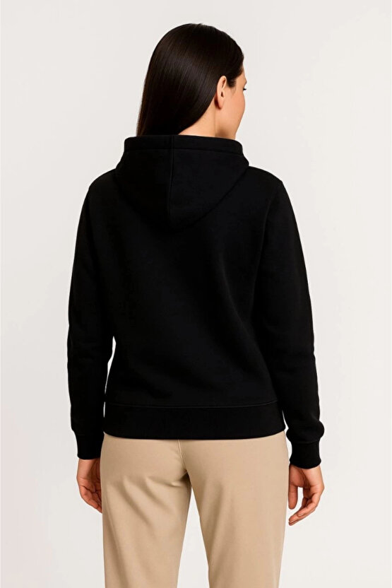 EQURİ Üç İplik Kapüşonlu Tam Fermuarlı Kanguru Çepli SweatShirt Hoodie - Siyah