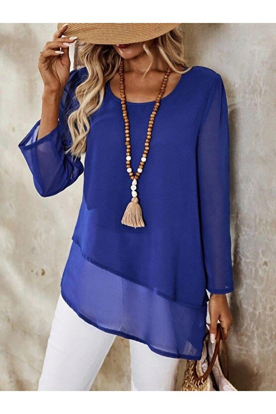 Kadın Uzun Kollu Yuvarlak Asimetrik Detaylı şifon Bluz