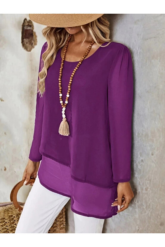 Kadın Uzun Kollu Yuvarlak Asimetrik Detaylı şifon Bluz