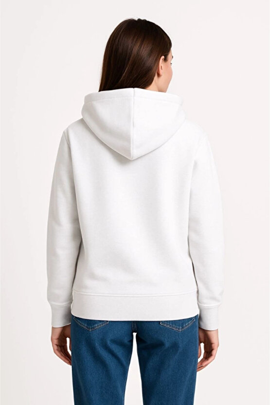 Üç İplik Kapüşonlu Kanguru Çepli weathirt Hoodie Beyaz