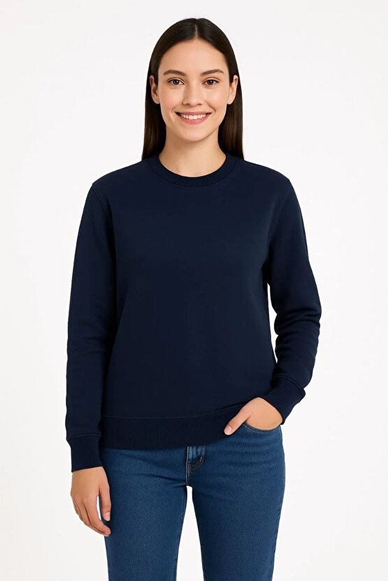 Kadın Üç İplik Düz Bisiklet Yaka SweatShirt - Lacivert