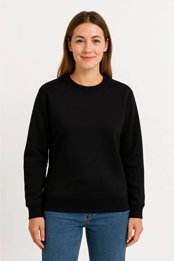 Üç İplik Düz Bisiklet Yaka SweatShirt - Siyah