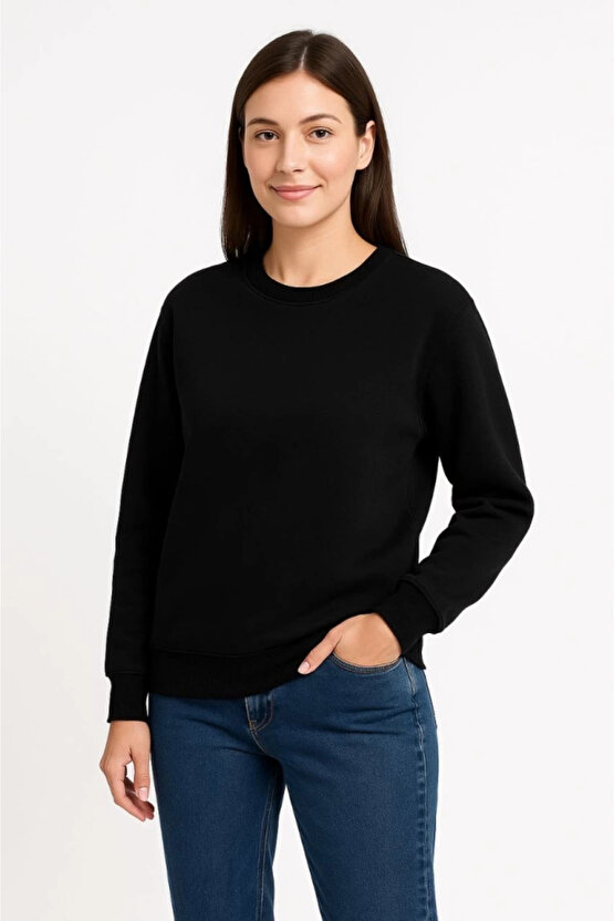 Üç İplik Düz Bisiklet Yaka SweatShirt - Siyah