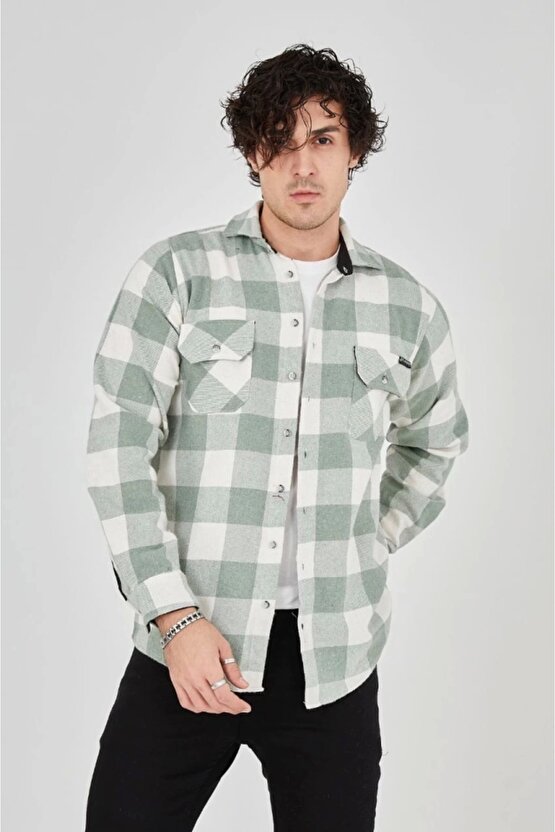Erkek Uzun Kollu Oduncu Gömlek - Mint Yeşili