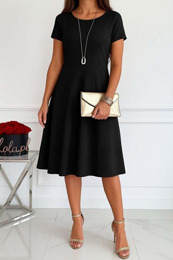 Kadın Kısa Kollu Bisiklet Yaka Cepli Viskon Iki Iplik Elbise