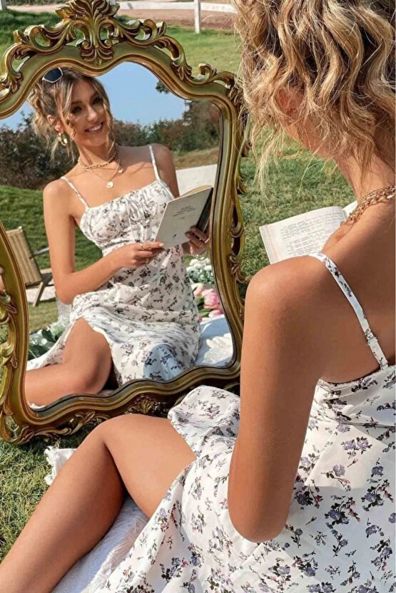 Kadın Ip Askılı Yakadan Bağcıklı Desenli Süprem Elbise