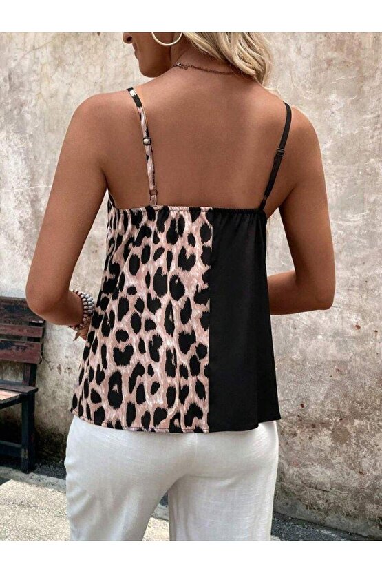 Kadın Ip Askılı V Yakalı Leopar Desenli Viskon Bluz