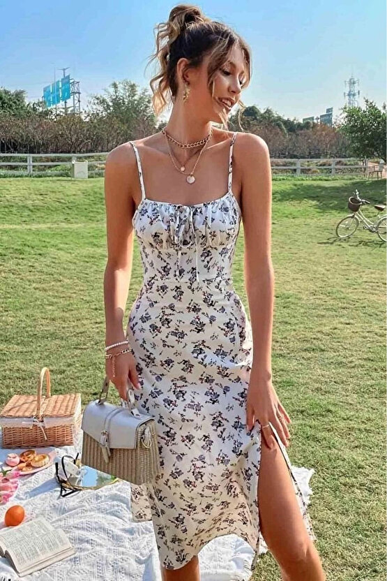 Kadın Ip Askılı Yakadan Bağcıklı Desenli Süprem Elbise