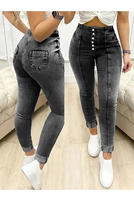 EQURİ Kadın Yüksek Bel önden Düğmeli Jean Pantolon