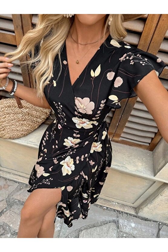 EQURİ Kadın Kısa Kelebek Kollu Kruvaze Yakalı Belden Kuşaklı Midi Süprem Elbise