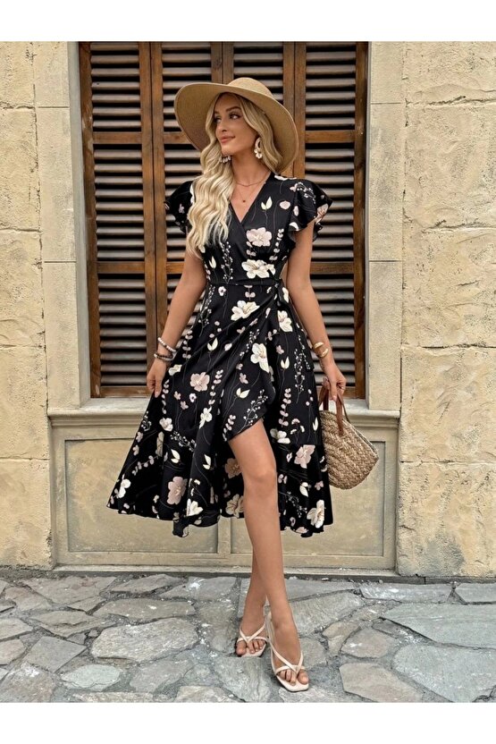 EQURİ Kadın Kısa Kelebek Kollu Kruvaze Yakalı Belden Kuşaklı Midi Süprem Elbise