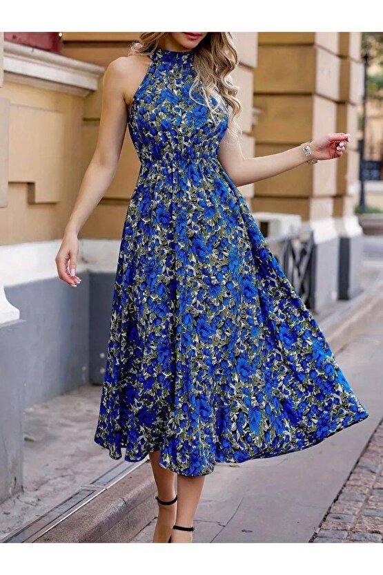 Kadın Omuzlardan Açık Daire Yaka Desenli Maxi Süprem Elbise