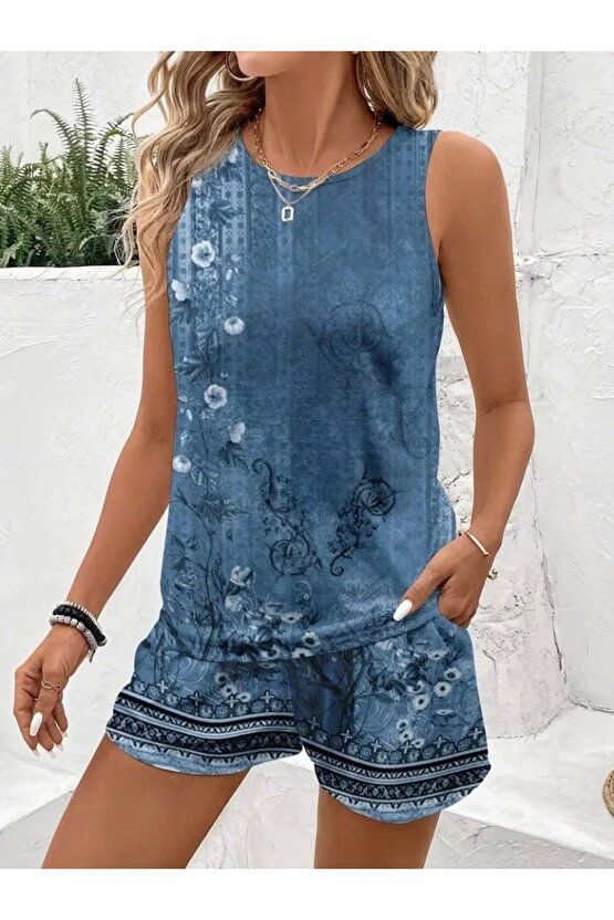 Kadın Askılı Yuvarlak Yaka çiçek Baskılı Süprme Bluz Ve Short Ikili Takım