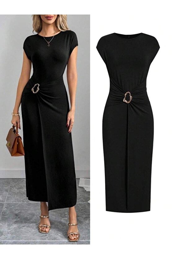 Kadın Yarım Ay Kollu Yuvarlak Yaka önünde Toka Detaylı Modal Maxi Elbise