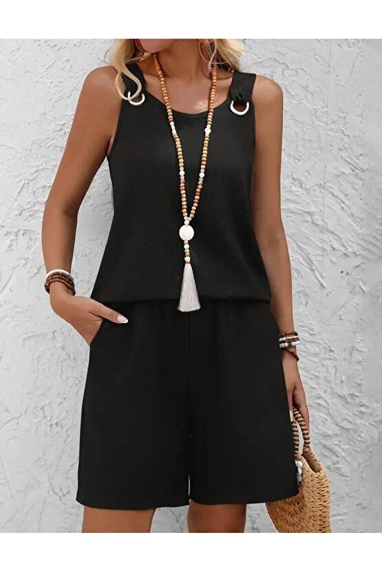 Kadın Askılı Yuvarlak Yaka Kuş Gözü Detaylı Bürümcük Bluz Ve Short Ikili Takım