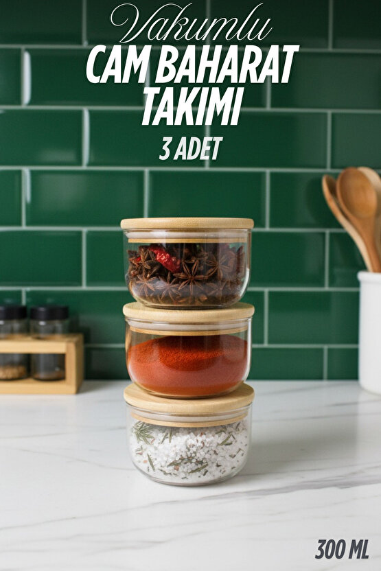 3lü Ahşap kapaklı cam baharatlık takımı 300 ml Vakum kapaklı (Etiket Hediyeli)
