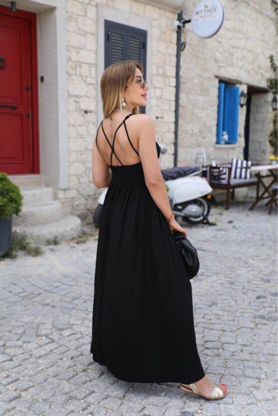 Kadın Sırttan çapraz Bağcıklı Yırtmaçlı Cepli Viskon Elbise