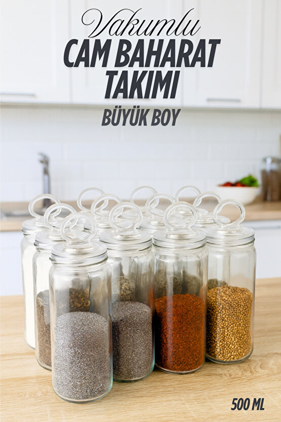 12 Adet Büyük Boy Vakum Kapaklı Cam Baharatlık Seti