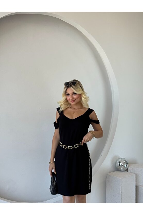 Kadın Askılı Soğuk Omuz Detaylı Modal Elbise