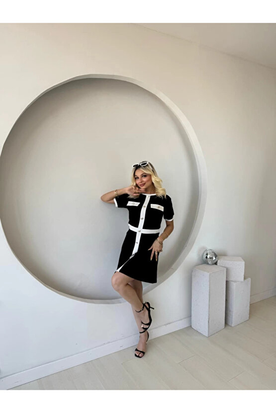 Kadın Kısa Kollu Bisiklet Yaka önden Düğmeli Modal Elbise