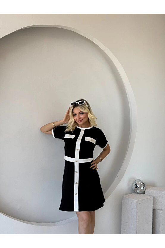 Kadın Kısa Kollu Bisiklet Yaka önden Düğmeli Modal Elbise