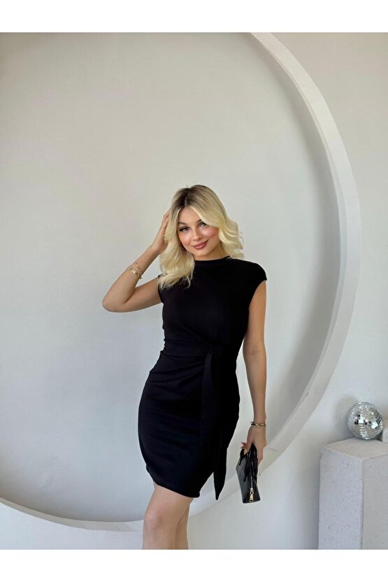 Kadın Kısa Kap Kollu Bisiklet Yaka Belden Bağlamalı Modal Mini Elbise