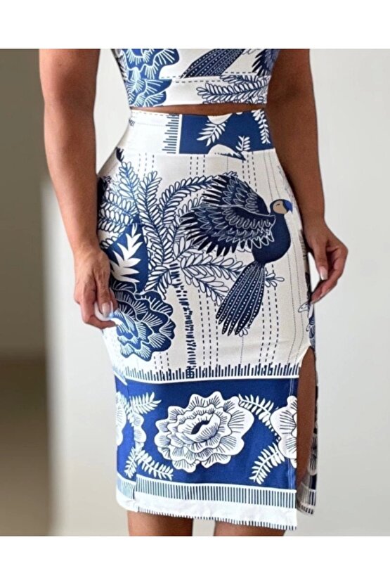 Kadın Sıfır Kollu Yuvarlak Yaka çiçekli Desenli Süprem Crop Ve Yırtmaçlı Etek Ikili Takım