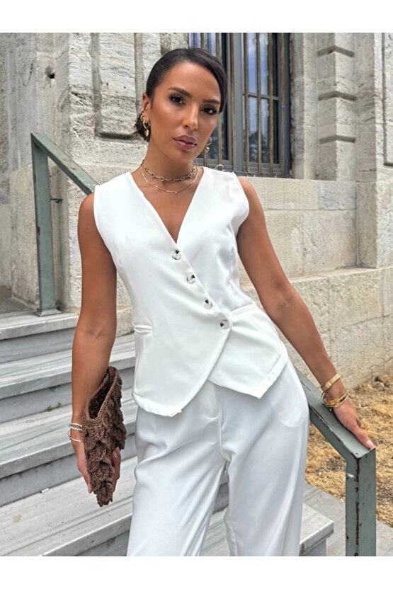 MDB Kadın Sıfır Kollu çapraz V Yakalı önden Düğmeli Atlas Yelek Ve Pantolon Ikili Takım