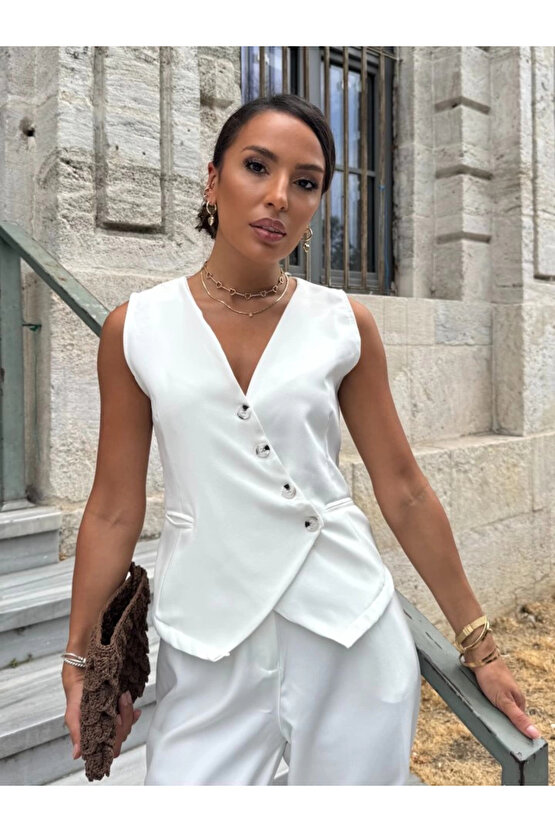 MDB Kadın Sıfır Kollu çapraz V Yakalı önden Düğmeli Atlas Yelek Ve Pantolon Ikili Takım