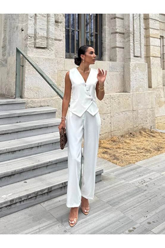 MDB Kadın Sıfır Kollu çapraz V Yakalı önden Düğmeli Atlas Yelek Ve Pantolon Ikili Takım