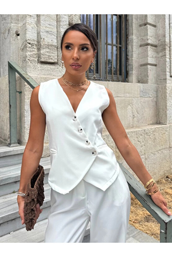 MDB Kadın Sıfır Kollu çapraz V Yakalı önden Düğmeli Atlas Yelek Ve Pantolon Ikili Takım