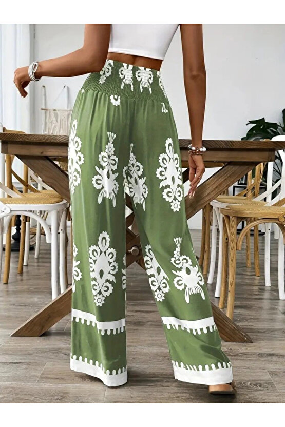 Kadın Yüksek Bel Büzgülü Etnik Desen Baskılı Süprem Pantolon