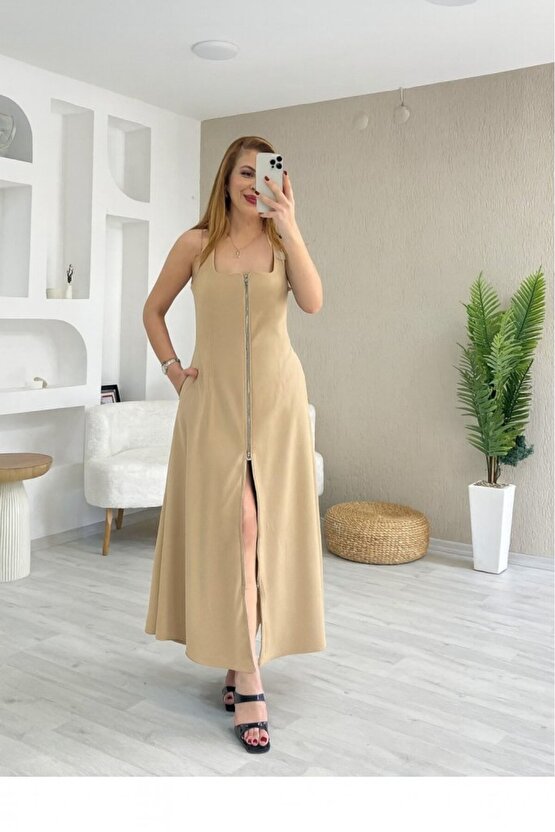 Kendim Fashion Kadın Askılı Kare Yaka önden Fermuarlı Geniş Kesim Janjan Krep Elbise