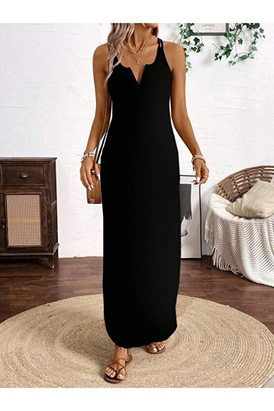 EQURİ Kadın Askılı Yuvarlak Yaka Asimetrik Detaylı Viskon Elbise