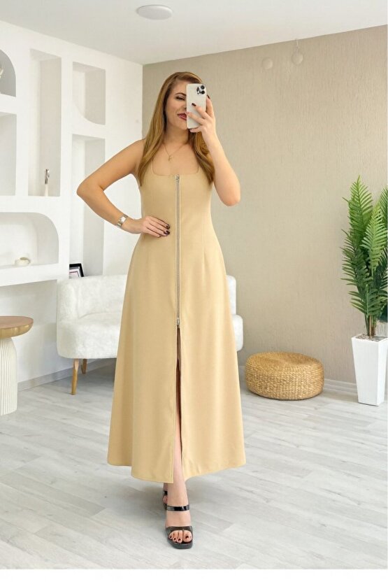 Kendim Fashion Kadın Askılı Kare Yaka önden Fermuarlı Geniş Kesim Janjan Krep Elbise