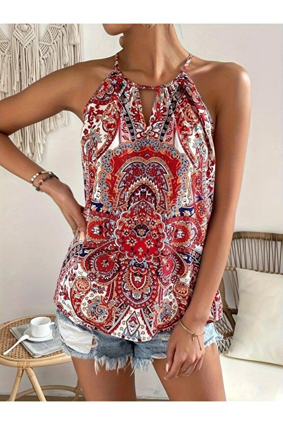 Kadın Halter Kollu Damla Detaylı Desenli Süprem Bluz