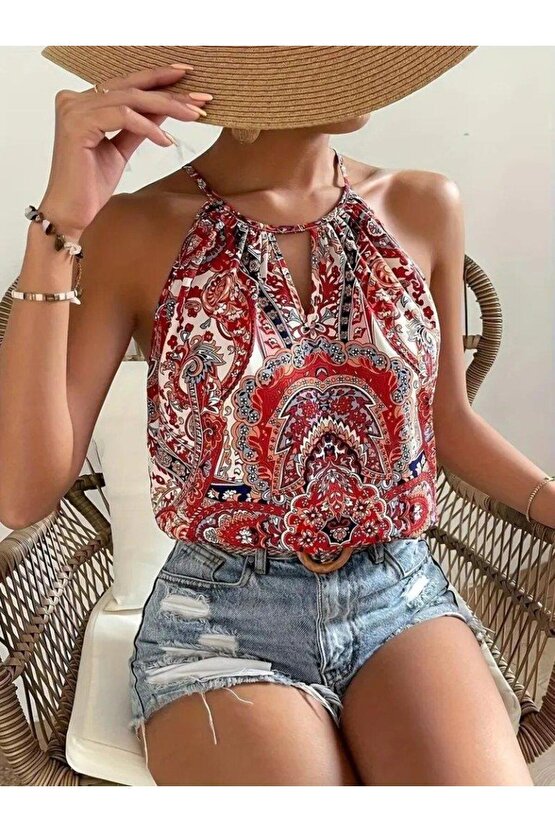 Kadın Halter Kollu Damla Detaylı Desenli Süprem Bluz