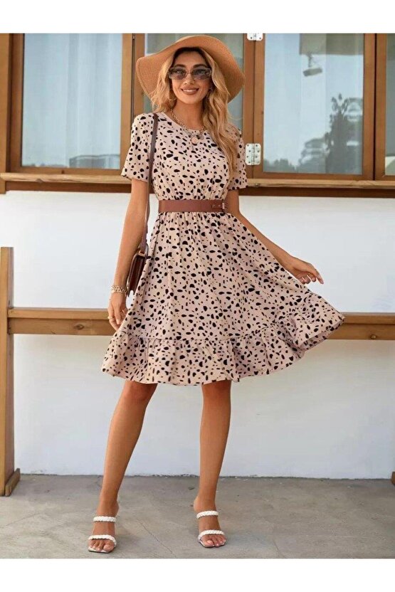 Kadın Kısa Kollu Bisiklet Yaka Desenli Süprem Elbise