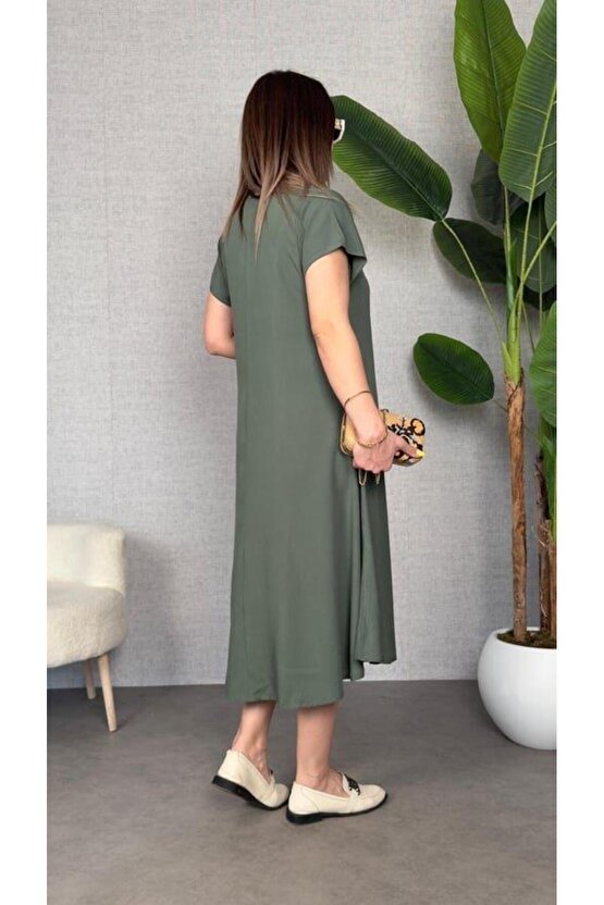 EQURİ Kadın Kısa Kollu V Yaka Salaş Maxi Boy Elbise