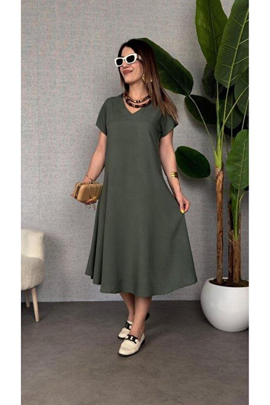 EQURİ Kadın Kısa Kollu V Yaka Salaş Maxi Boy Elbise