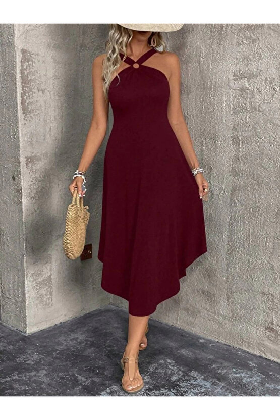 Kadın Boyundan çapraz Askılı Halka Detaylı Asimetrik Kesim Viskon Elbise