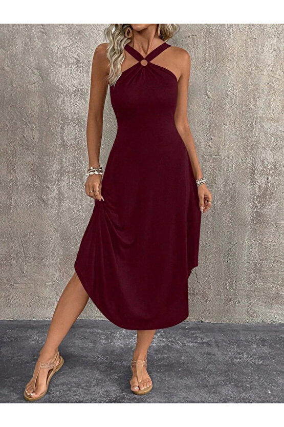 Kadın Boyundan çapraz Askılı Halka Detaylı Asimetrik Kesim Viskon Elbise