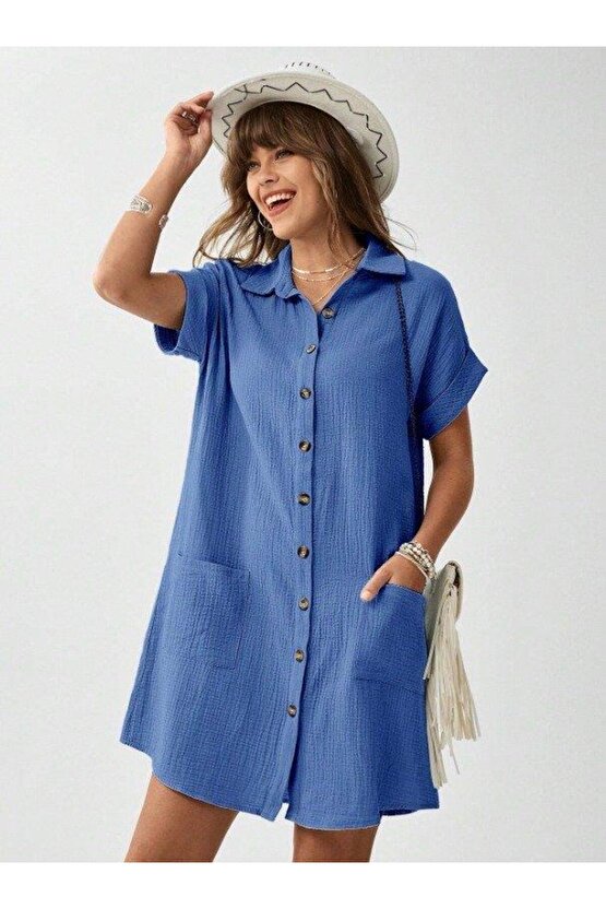 EQURİ Kadın Cep Detay Müslin Kumaş Mini Gömlek Elbise